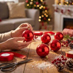 6 Esferas Navideñas Bambalinas Adorno 6cm Rojo Decoracion_1 6 esferas navideñas bambalinas rojas 6cm para árbol